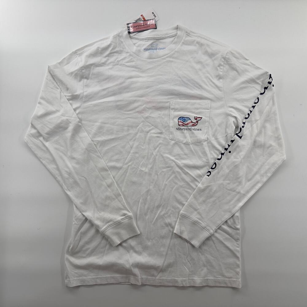 Lot 2 Vineyard Vines Long Sleeve Pocket TShirts White USA Flag Whale & Beach Car
